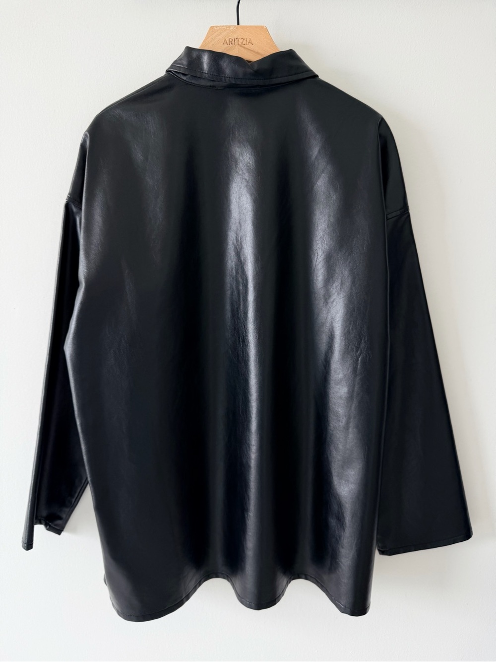 Oversized Black Faux Leather Shirt Jacket Snap Button Minimalist Shacket - Picture 8 of 10